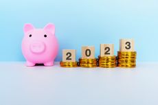 Piggy bank next to stacks of coins and wood blocks reading '2023'