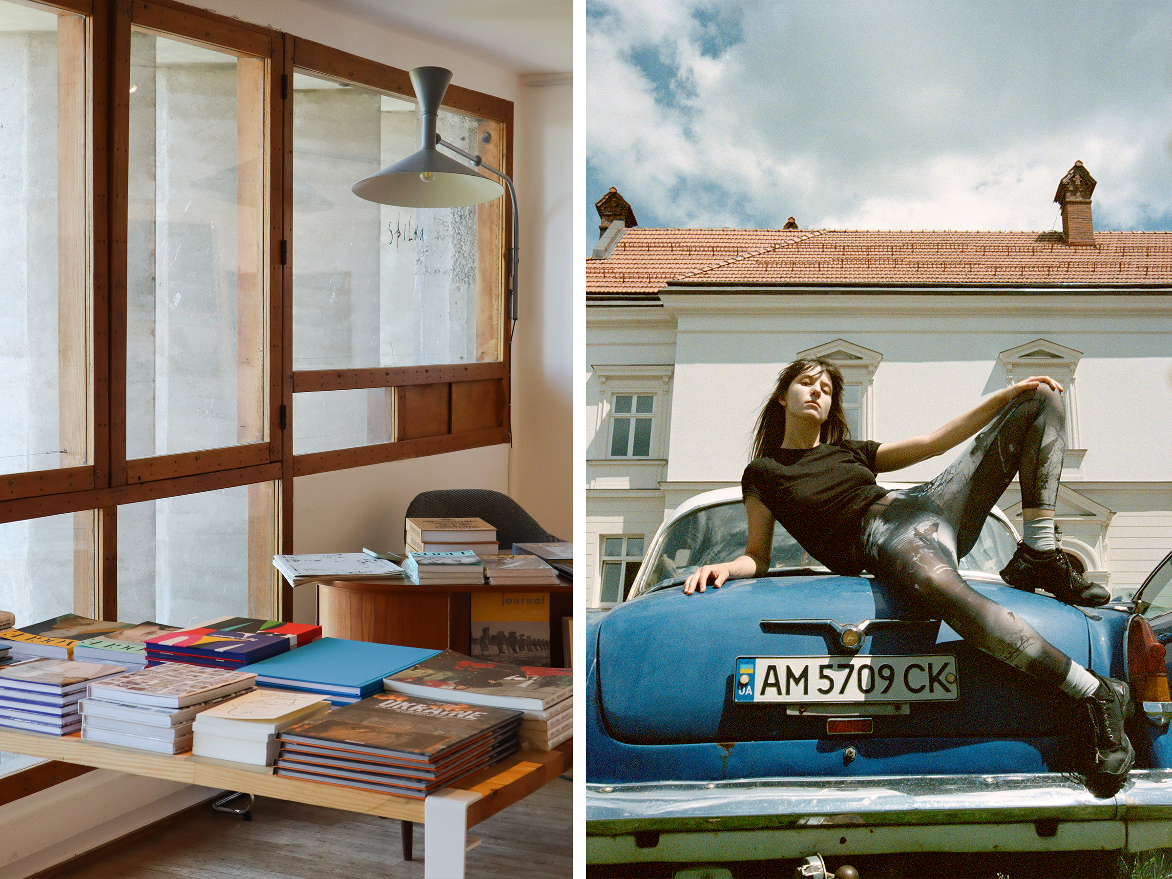Photo exhibition in Marseille picturing a woman sitting on a blue car