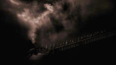 light projection with smoke over grand staircase