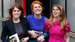 Princess Eugenie, Sarah Ferguson, Duchess of York and Princess Beatrice attend the wedding of Petra Palumbo and Simon Fraser, Lord Lovat at St Stephen Walbrook church on May 14, 2016 in London, England.