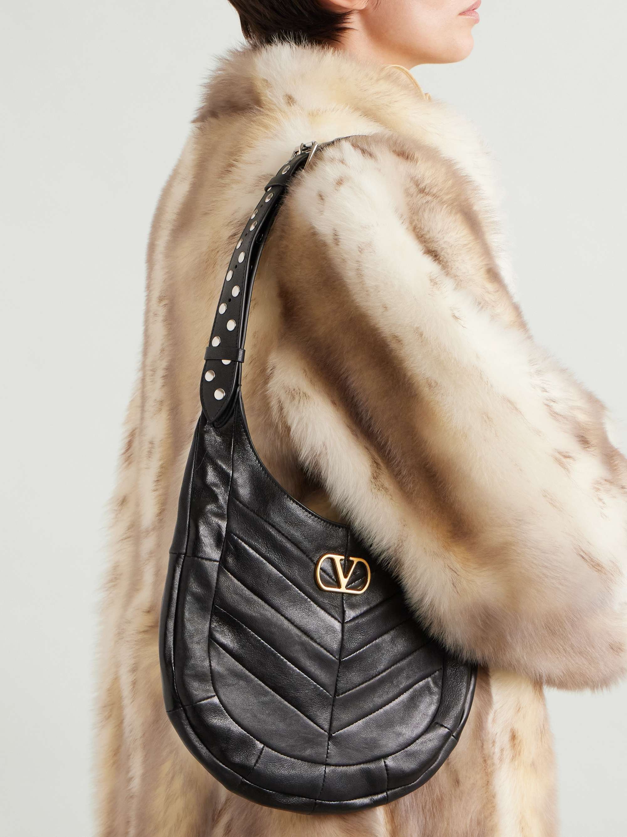 Small Studded Paneled Leather Shoulder Bag