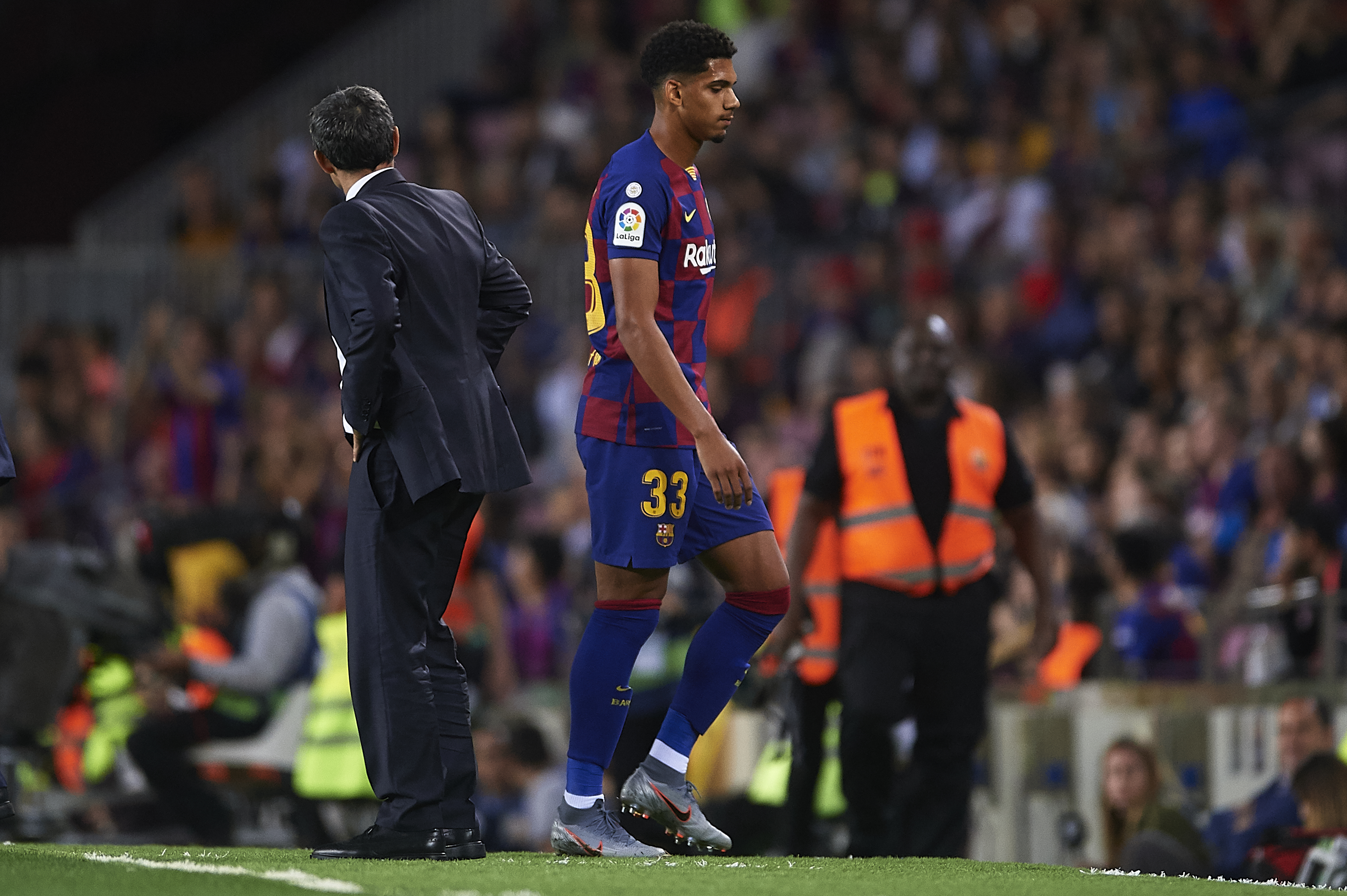 Ronald Araujo walks off the pitch after being sent off on his Barcelona debut against Sevilla in October 2019.