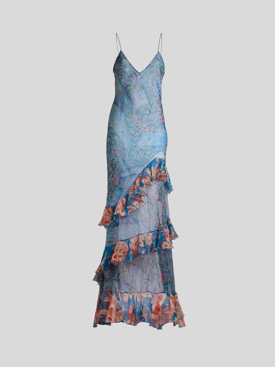 Long Dress in Silk With Ruffles and Floral Motif
