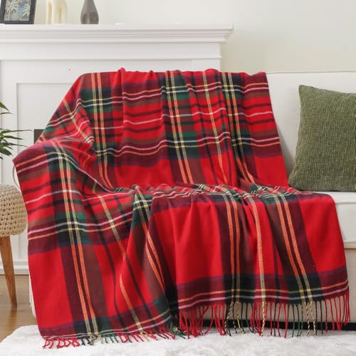 Battilo Home Christmas Red Plaid Throw Blanket for Couch, Bed, Super Soft Red Plaid Blankets,soft Christmas Decorative Throw With Tassels 50"x60"
