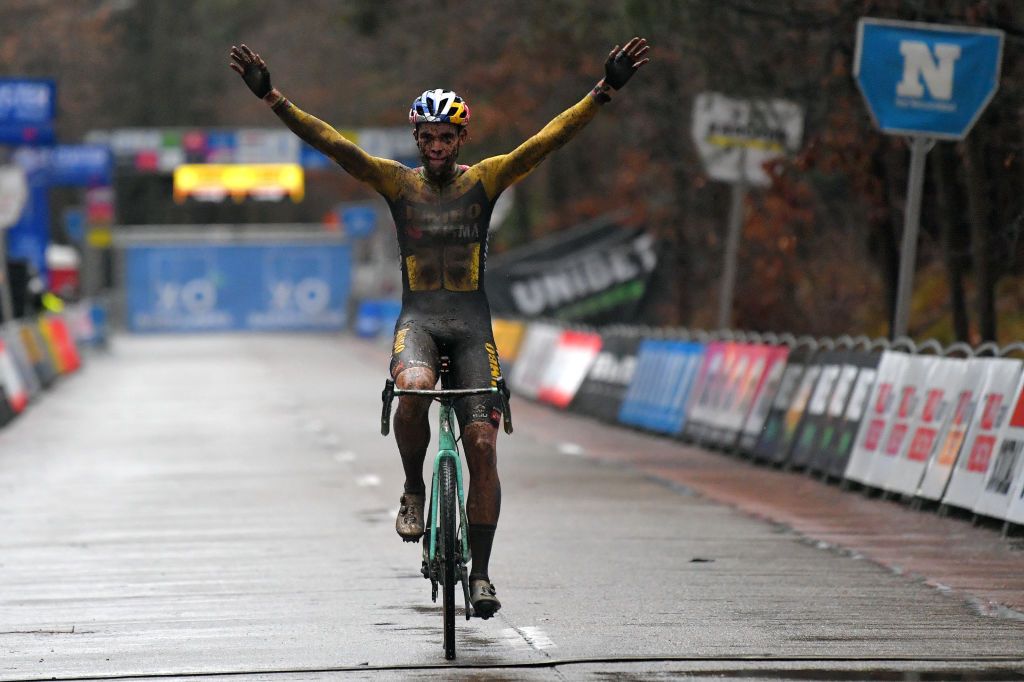 HERENTALS BELGIUM DECEMBER 23 Arrival Wout Van Aert of Belgium and Team Jumbo Visma Celebration Mud during the 37th Herentals Azencross 2020 Men Elite CX DVVTrofee Azencross on December 23 2020 in Herentals Belgium Photo by Luc ClaessenGetty Images