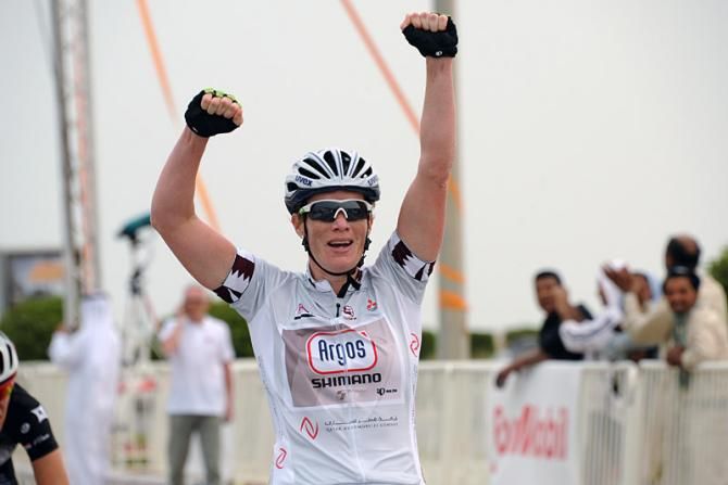 Kirsten Wild (Team Argos-Shimano) celebrates victory in stage 3, a win which moved her into the overall race lead.