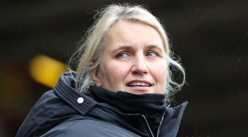 Emma Hayes looks on during Chelsea&#039;s WSL match against Aston Villa in November 2023.