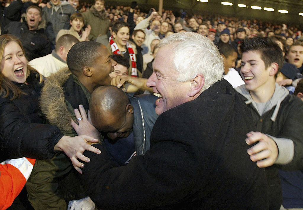 Barry Hearn, chairman of Leyton Orient, celebrates victory with fans following the FA Cup Third Round match between Fulham and Leyton Orient