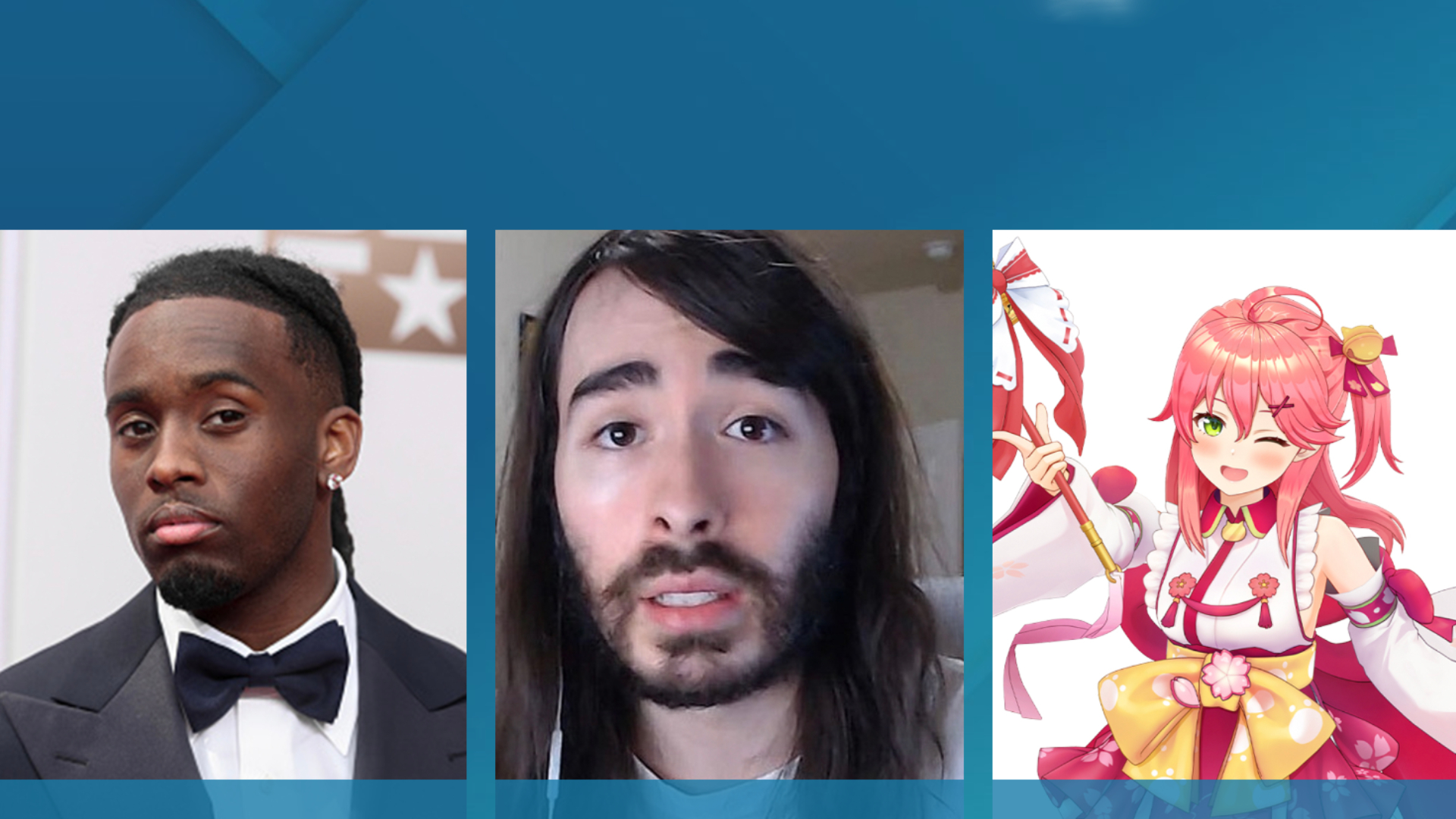 A screenshot of The Game Awards Content Creator of the Year award nominees. Three photos of individual creators are next to each other. On the left is Kai Cenat, in the middle is MoistCr1tikal, and on the right is Sakura Miko, a hololive vtuber.