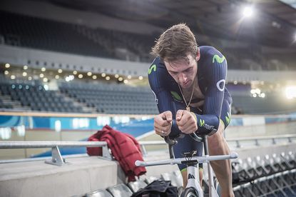 Alex Dowsett warming up on his bike in preparation for his hour record attempt in 2014