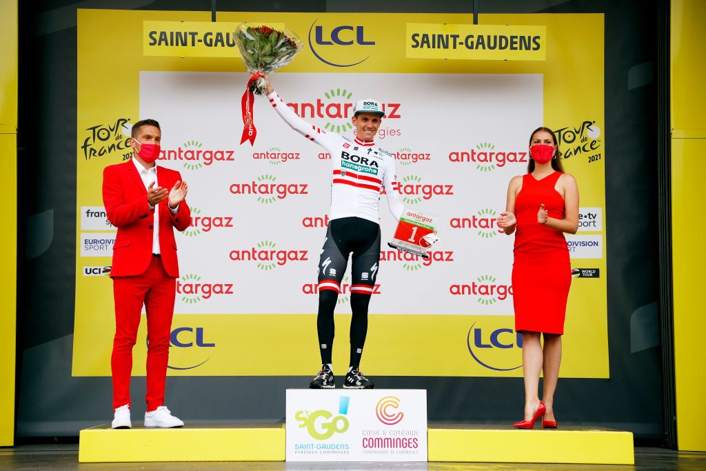 SAINTGAUDENS FRANCE JULY 13 Patrick Konrad of Austria and Team BORA Hansgrohe stage winner celebrates at podium during the 108th Tour de France 2021 Stage 16 a 169km stage from Pas de la Casa to SaintGaudens LeTour TDF2021 on July 13 2021 in SaintGaudens France Photo by Chris GraythenGetty Images