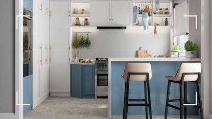 Blue kitchen with breakfast bar with bar stools and pendants over the L-shpaed island to avoid key kitchen design mistakes