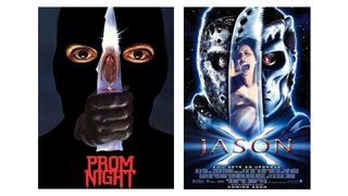 Horror posters; a knife divides a photo of a masked face