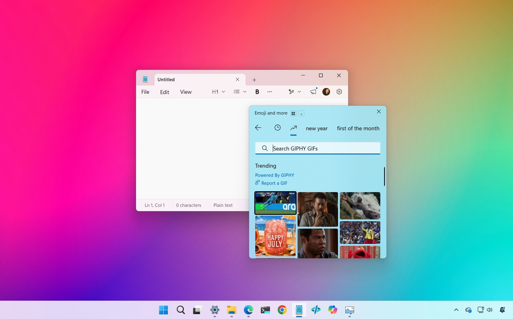Windows 11 desktop with emoji panel showing GIPHY GIFs.