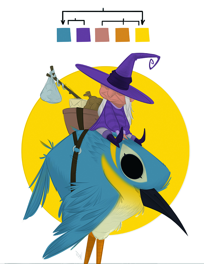 Digital character art showing a witch riding a bird