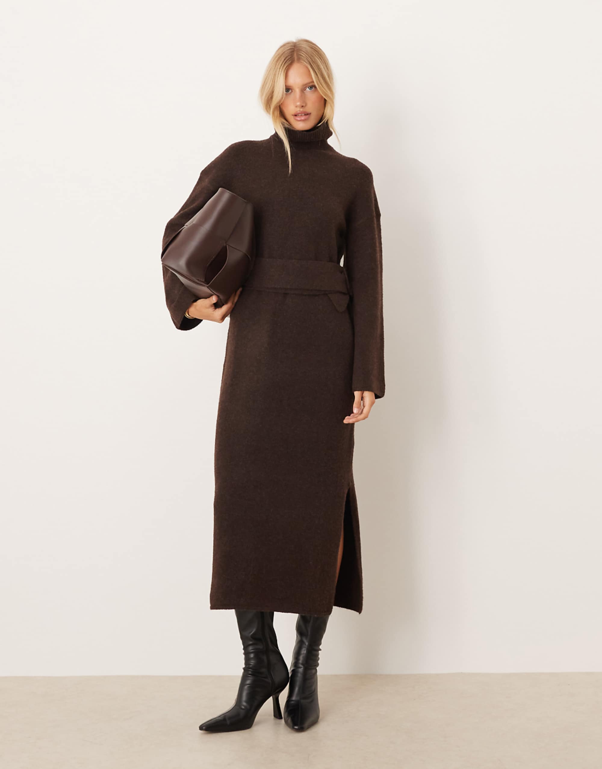 Pretty Lavish Knitted Tie Waist Roll Neck Leg Split Midaxi Dress in Chocolate Brown