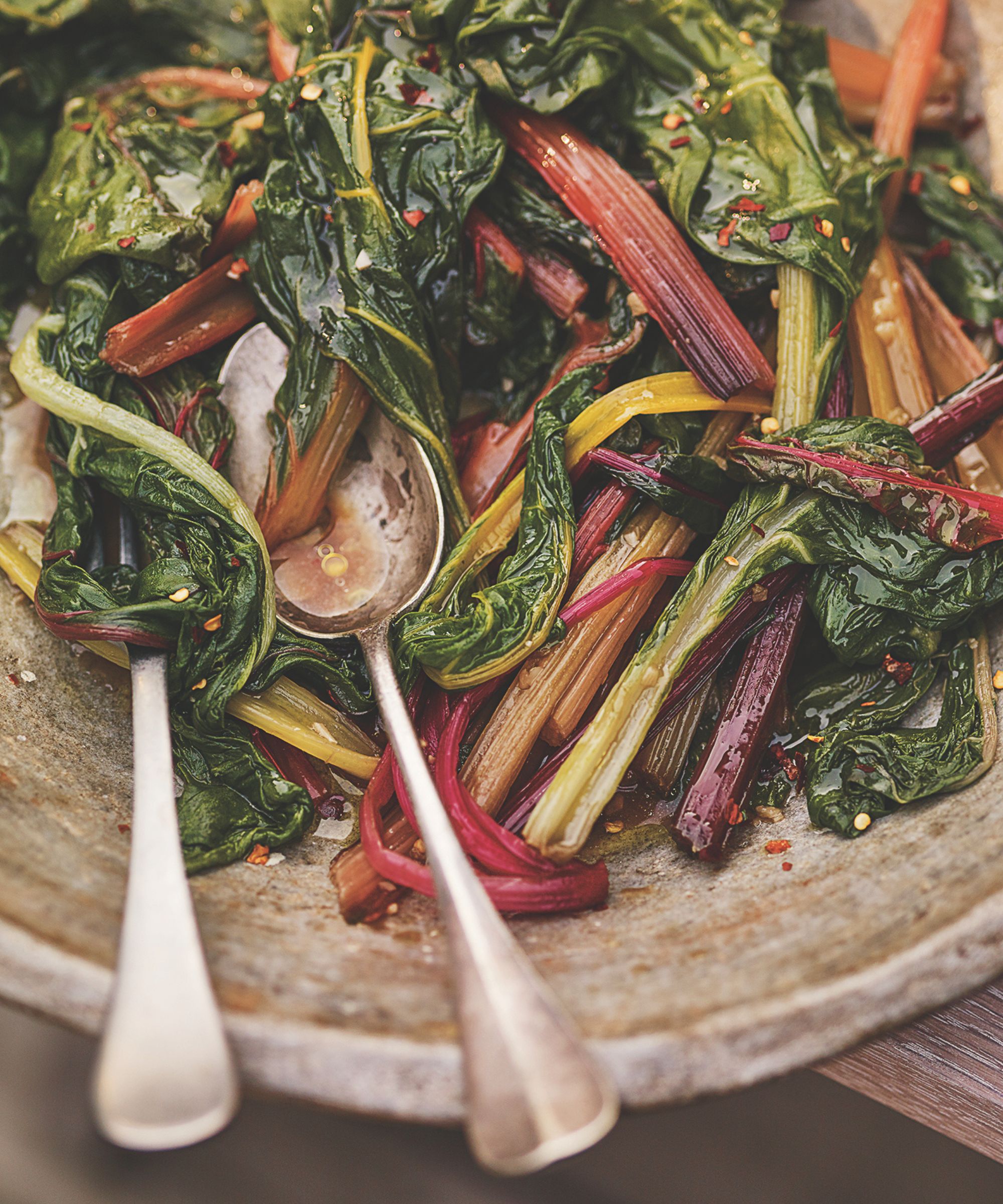 Close up of braised rainbow chard dish