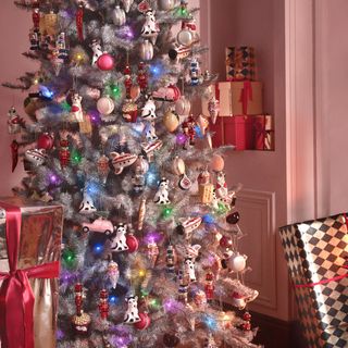 Eclectic colorful Christmas tree with iridescent ornaments