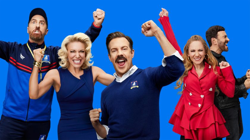 Characters from the Apple TV+ series Ted Lasso celebrating against a blue background.