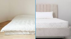 Mattress on floor vs bed frame image shows a mattress covered with a white comforter placed on the floor on the left and a tall white hybrid mattress placed on a beige bedframe on the right