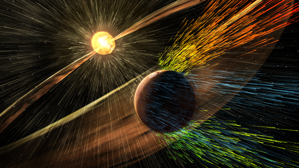 A NASA artist’s rendering of a solar storm hitting Mars and stripping ions from the planet&amp;#039;s atmosphere