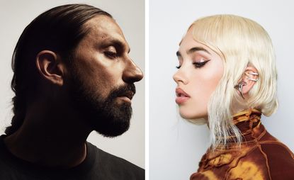 Two close-up portraits of a man with a moustache and beard (left) and a blonde woman (right)