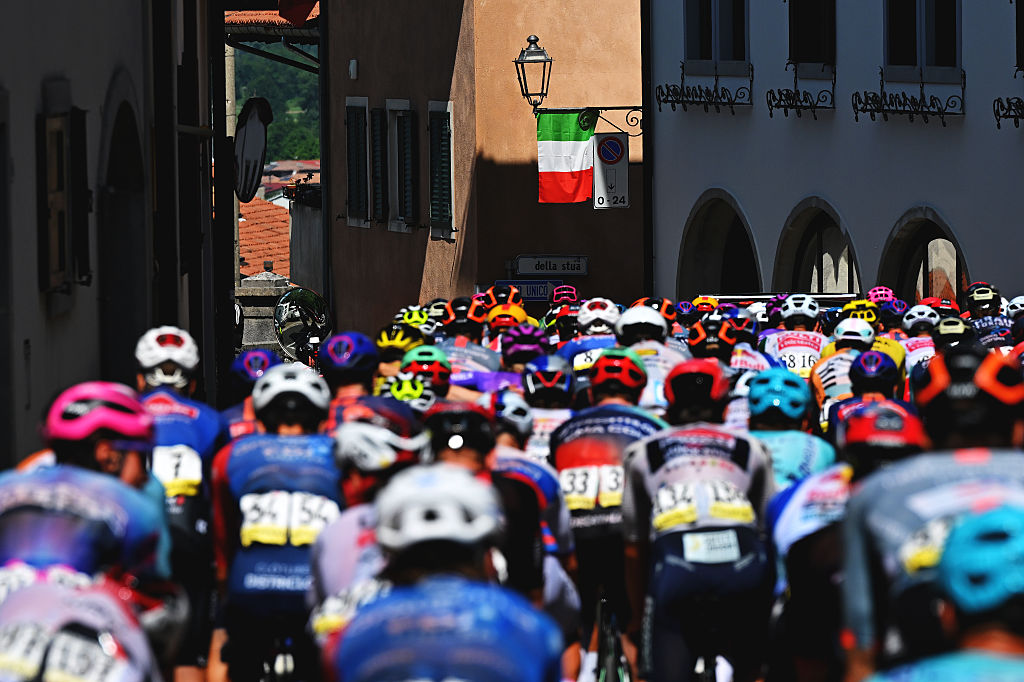 GEMONA DEL FRIULI, ITALY - MAY 30: A general view of the peloton competing prior to the 109th Giro d&amp;amp;apos;Italia 2026, Stage 20 a 200km stage from Gemona del Friuli to Piancavallo 1289m / #UCIWT / on May 30, 2026 in Gemona del Friuli, Italy. (Photo by Tim de Waele/Getty Images)
