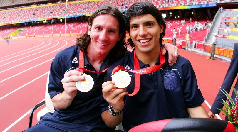 Lionel Messi and Sergio Aguero celebrate with their gold medals after Argentina&#039;s victory over Nigeria in the final of the men&#039;s football tournament at the Beijing Olympics in August 2008.