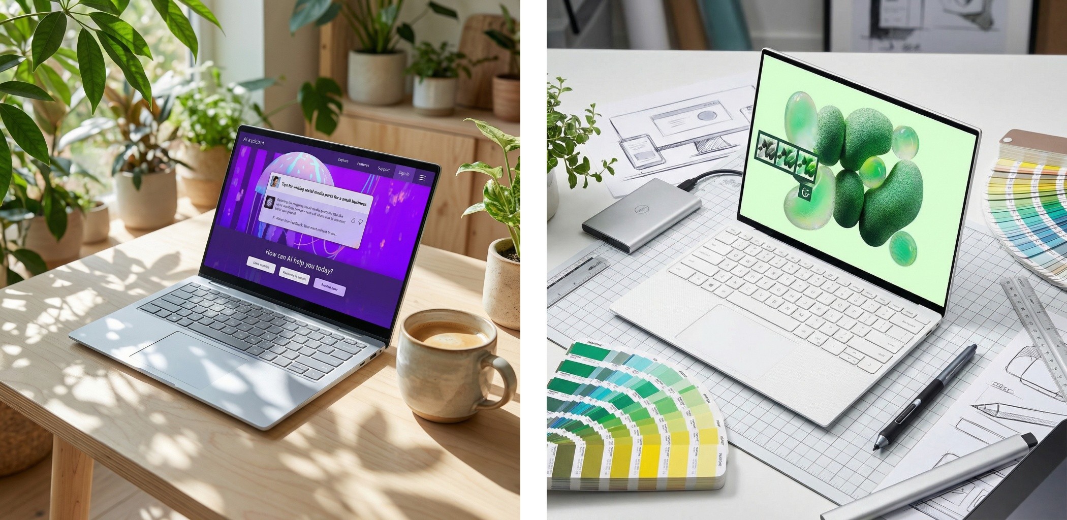 Dell XPS 13 and Dell 14 Plus laptops arranged side by side in collage