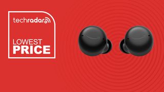The Amazon Echo Buds on a red background with text saying Lowest Price.