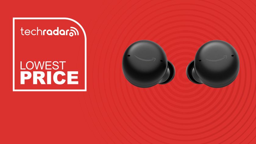 The Amazon Echo Buds on a red background with text saying Lowest Price.