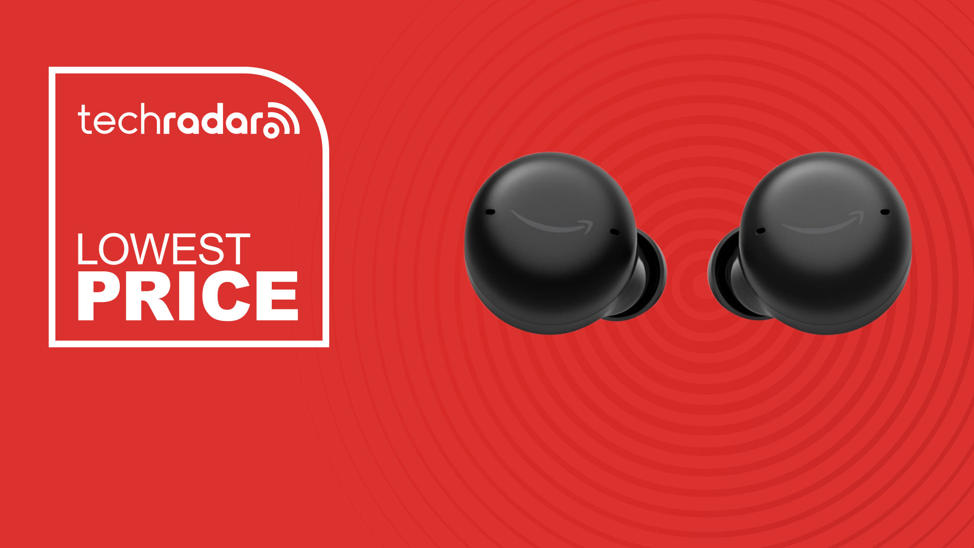 The Amazon Echo Buds on a red background with text saying Lowest Price.