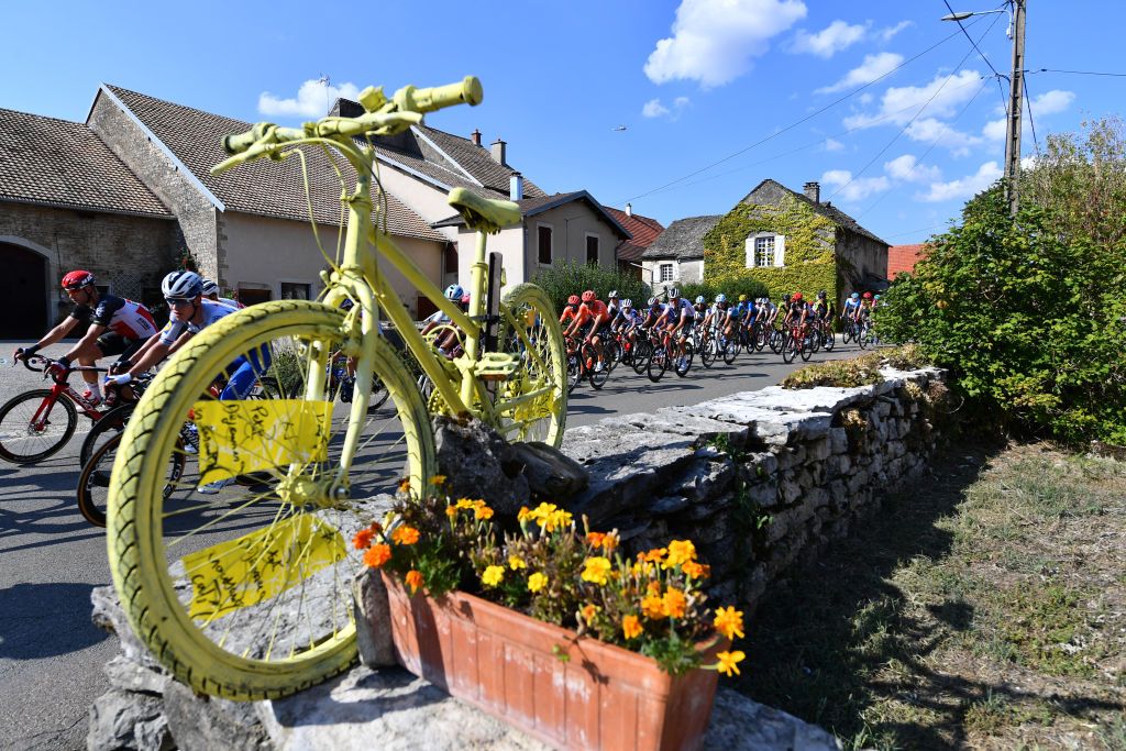 CHAMPAGNOLE FRANCE SEPTEMBER 18 Peloton Voiteur Village Yellow Bike Detail view during 107th Tour de France 2020 Stage 19 a 1665km stage from Bourg en Bresse to Champagnole 547m TDF2020 LeTour on September 18 2020 in Champagnole France Photo by Stuart FranklinGetty Images