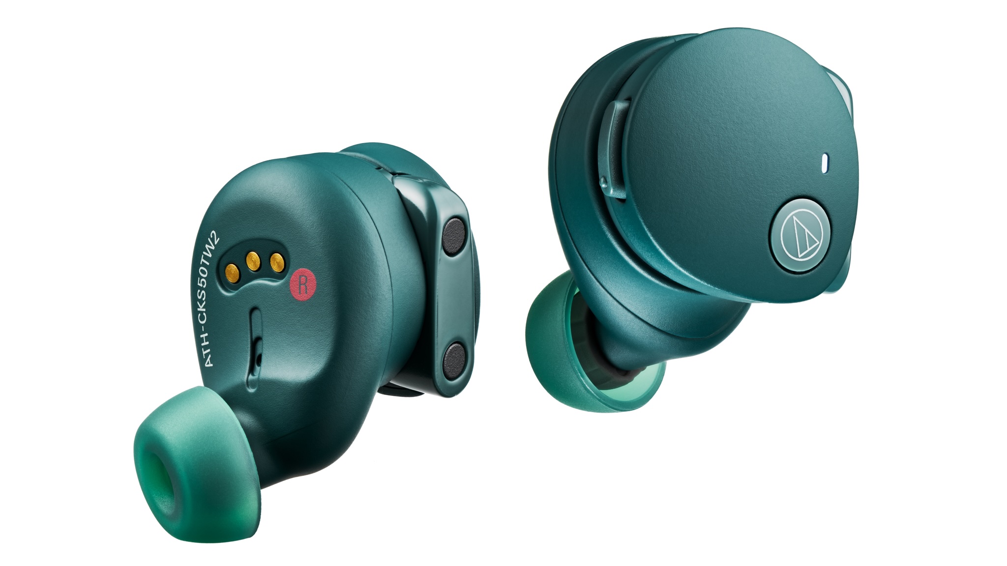 A green pair of Audio-Technica ATH-CKS50TW2 earbuds on a white background