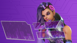 Sombra looking at holographic screens