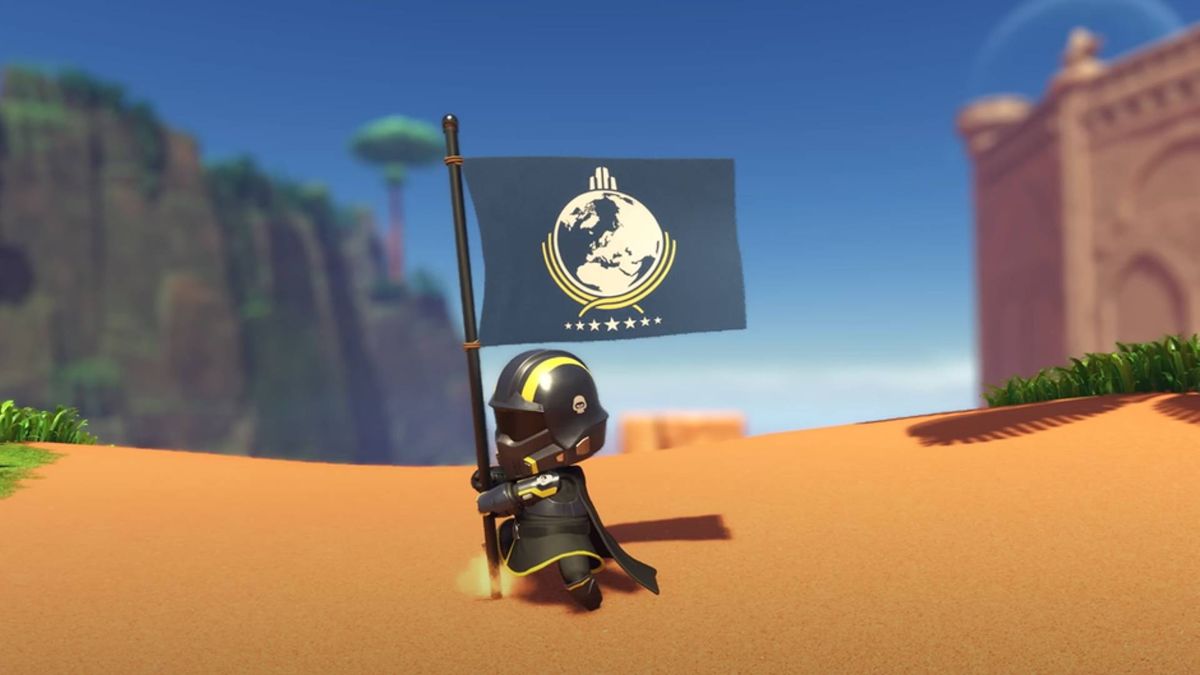 A Helldivers-inspired bot in Astro Bot placing a flag into the ground.