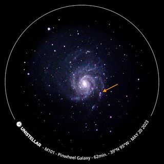 An image of the pinwheel galaxy showing the location of the closest supernova to Earth for 10 years