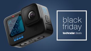 The GoPro Hero 11 Black action cam on a blue background