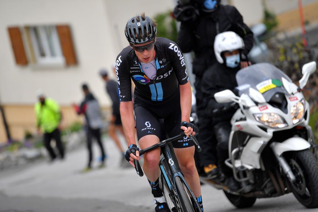 MARTIGNY SWITZERLAND APRIL 28 Thymen Arensman of Netherlands and Team DSM attack on breakaway during the 74th Tour De Romandie 2021 Stage 1 a 1681km stage from Aigle to Martigny TDR2021 TDRnonstop UCIworldtour on April 28 2021 in Martigny Switzerland Photo by Luc ClaessenGetty Images