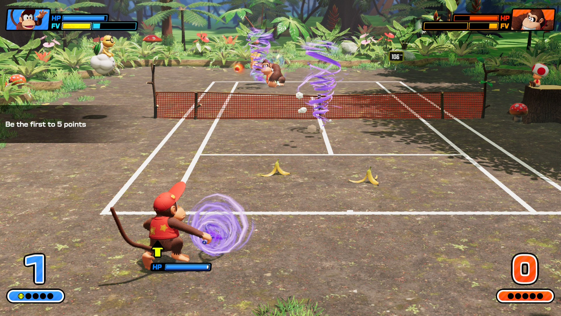 A screenshot from Mario Tennis Fever showing on-court tennis action