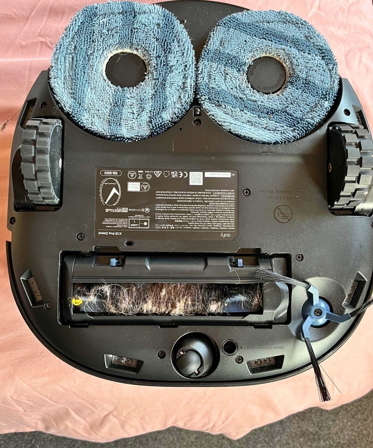 The eufy X10 Pro Omni before I cleared the hair from the brush roll