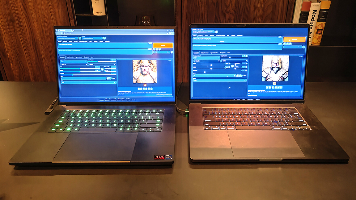 Nvidia RTX vs M3 Max; two laptops on a wooden table