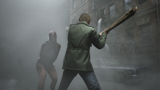 A screenshot of Silent Hill 2's main protagonist James fighting a monster