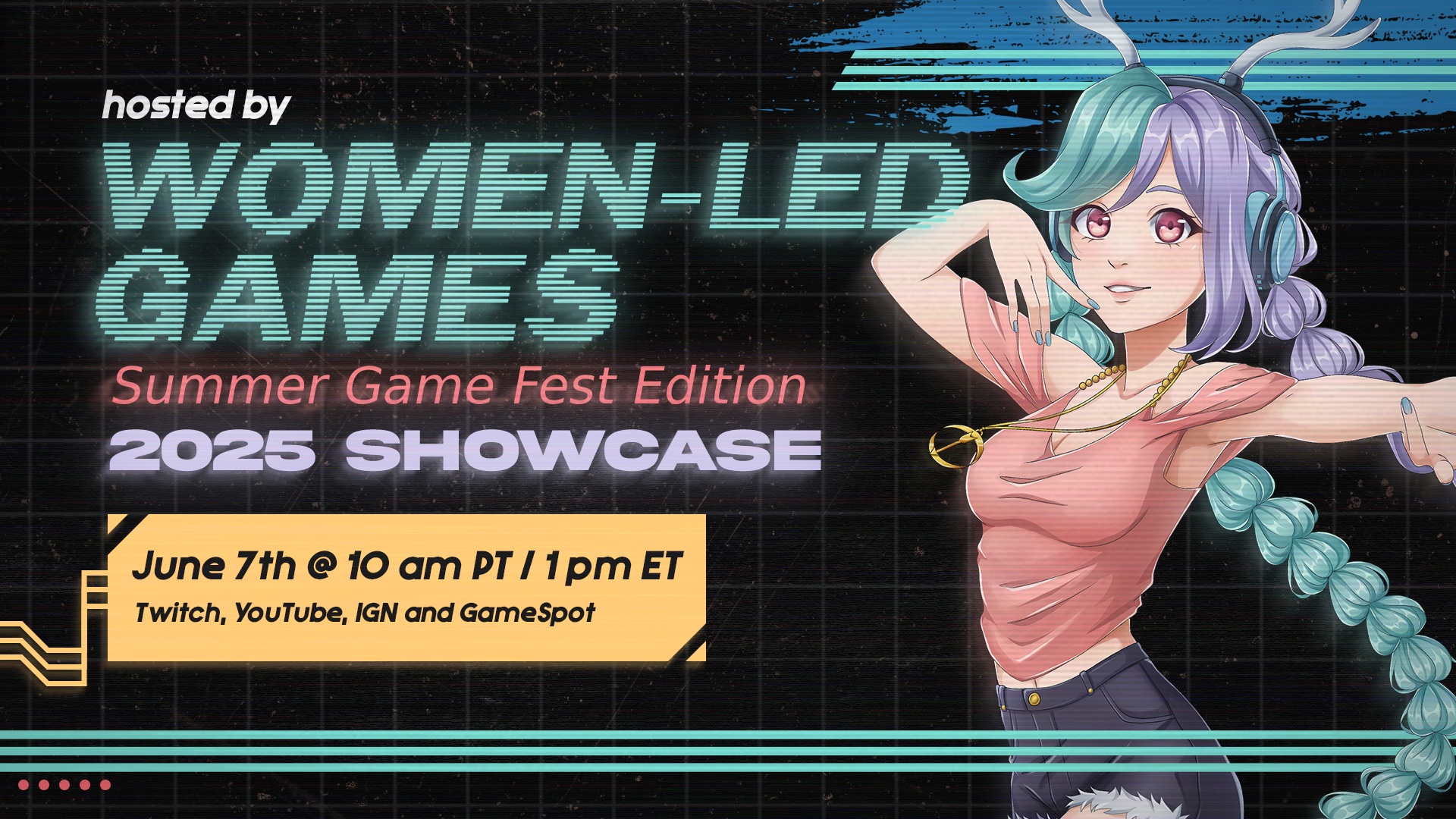 Women-Led Games Showcase banner showing a female character with blue and purple hair next to the showcase logo