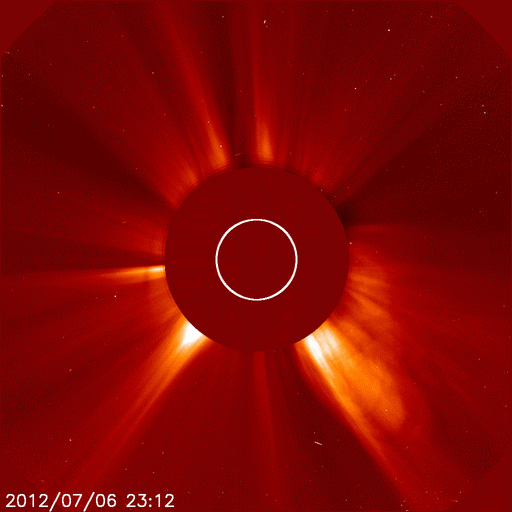 The NASA solar and heliophysics observatory (SOHO) satellite observes an eruption of material from the surface of the sun, called a coronal mass ejection.