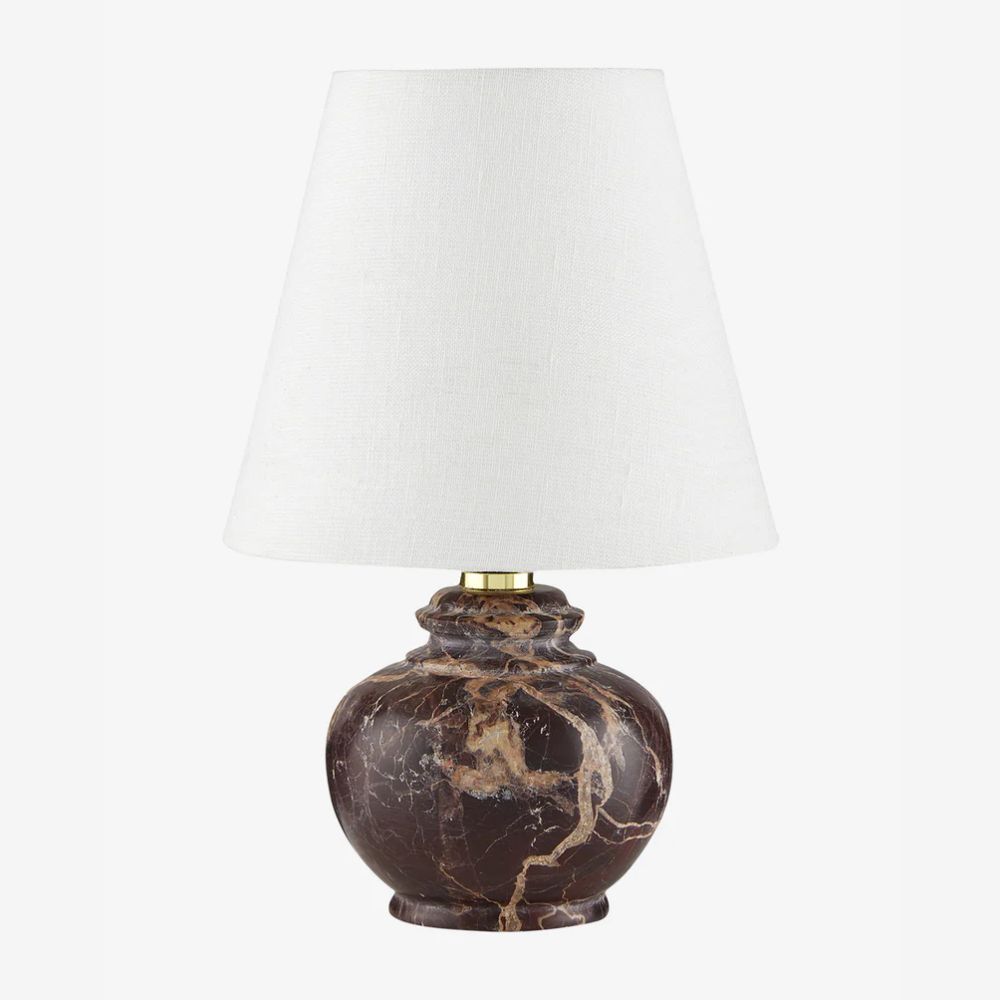 oxblood marble lamp with white shade