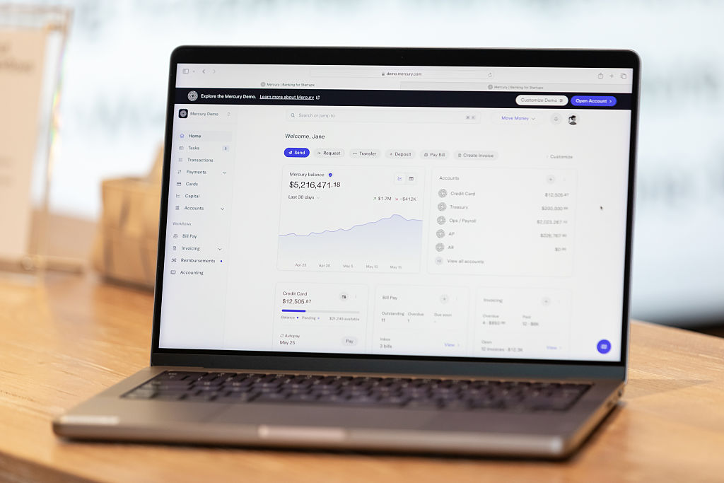 Mercury's online banking platform on a laptop.