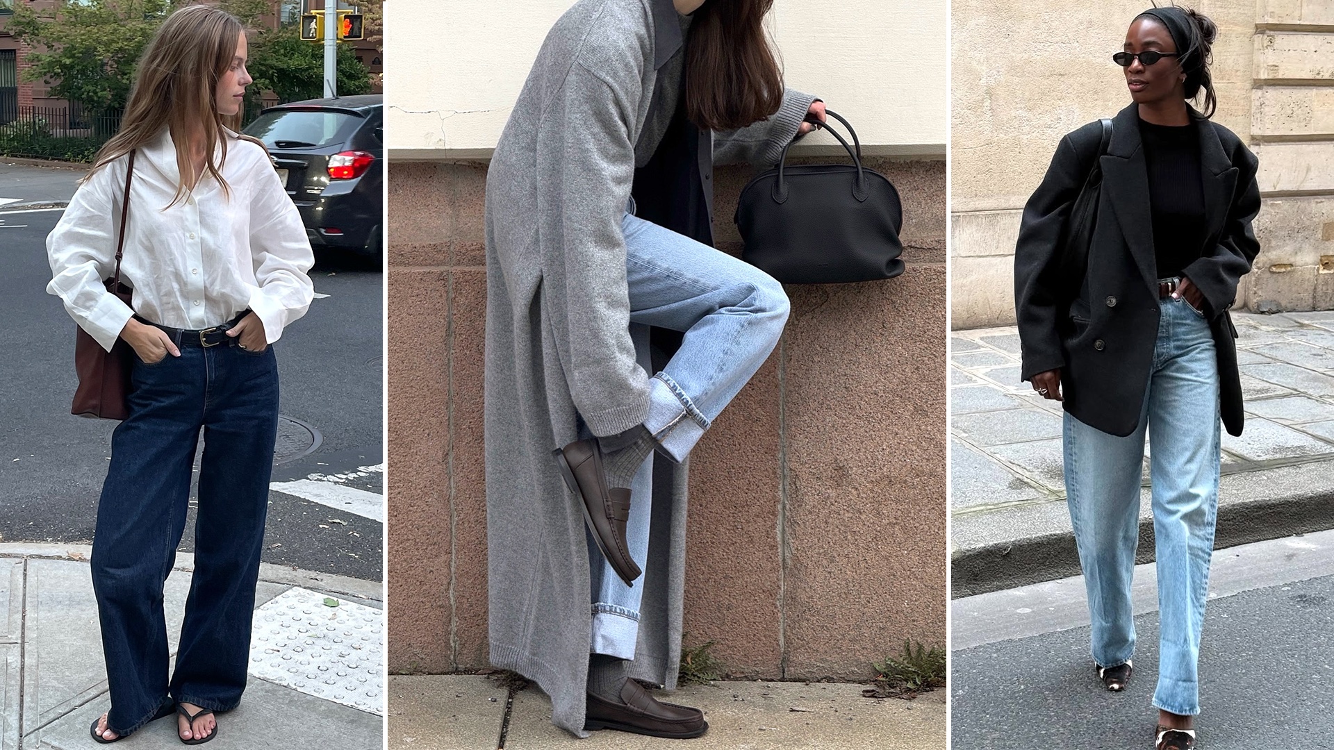 Fashion collage featuring influencers Clara Dyrhauge, Annabel Rosendahl, and Liv Madeline wearing jeans and spring 2026 shoe trends like flip-flops, loafers, and animal-print options.
