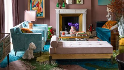 Pink and blue with room with colorful patterned carpet
