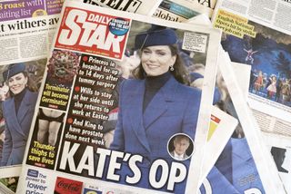 In this photo illustration, A selection of front pages from UK daily national newspaper coverage of of King Charles and Catherine, The Princess of Wales being admitted to hospital on January 18, 2024 in London, England.